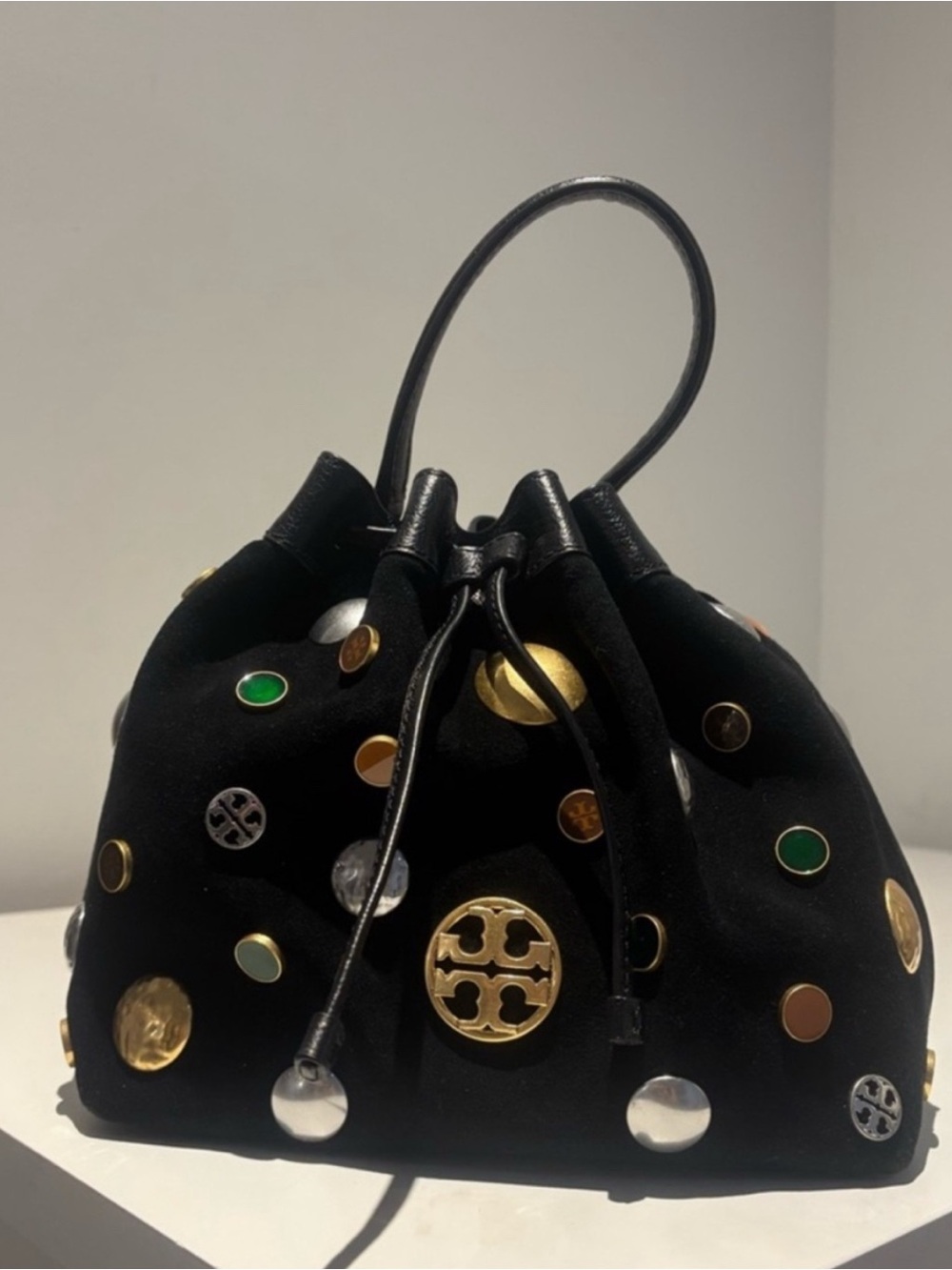 Tory Burch Black Suede Drawstring Bucket Bag with Multicolored Studs